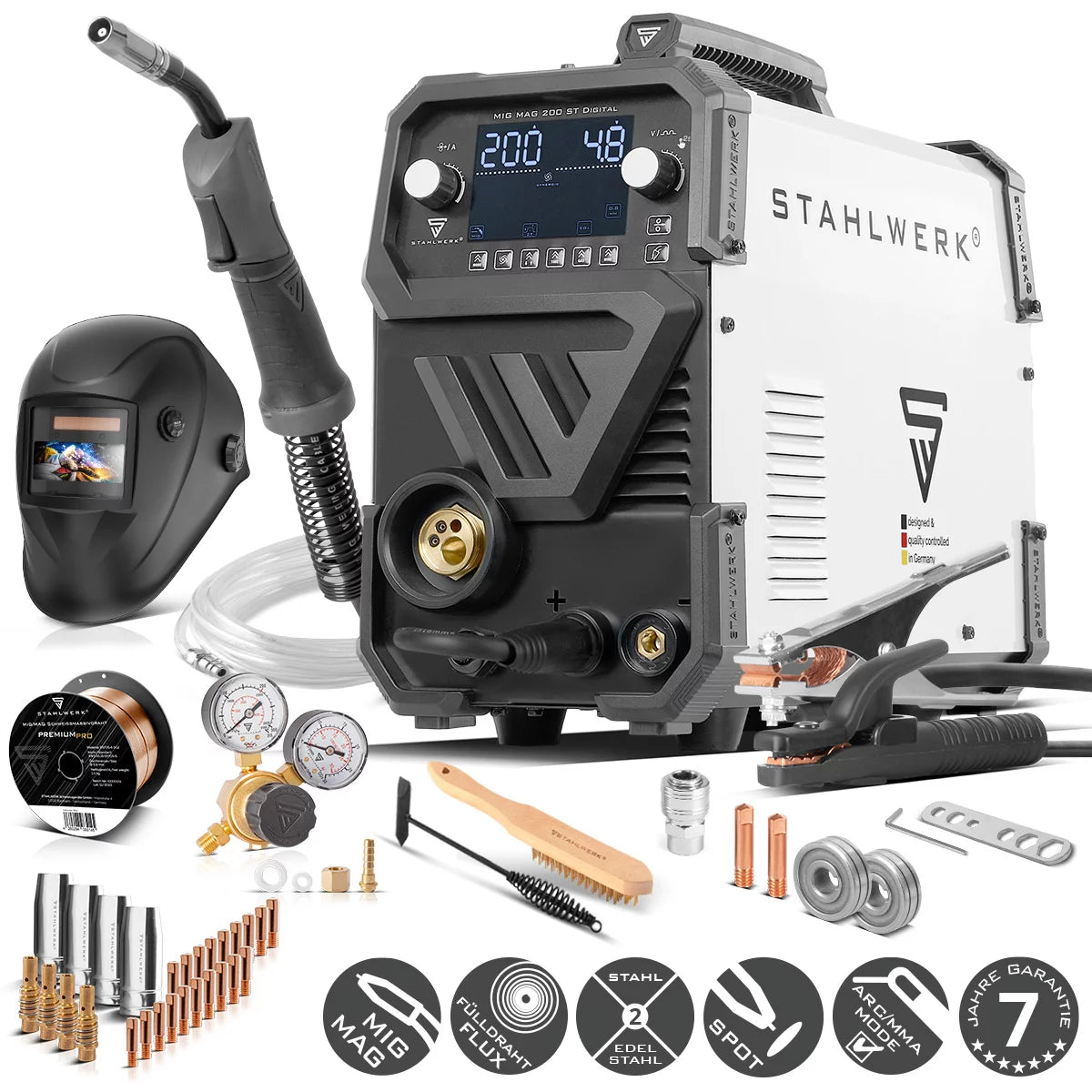 Steelworks welding machine MIG MAG 200 ST Digital Full equipment IGBT protective gas welding device | Inverter with 200 A, spot function, synergic wire feed, Flux and MMA | ARC function