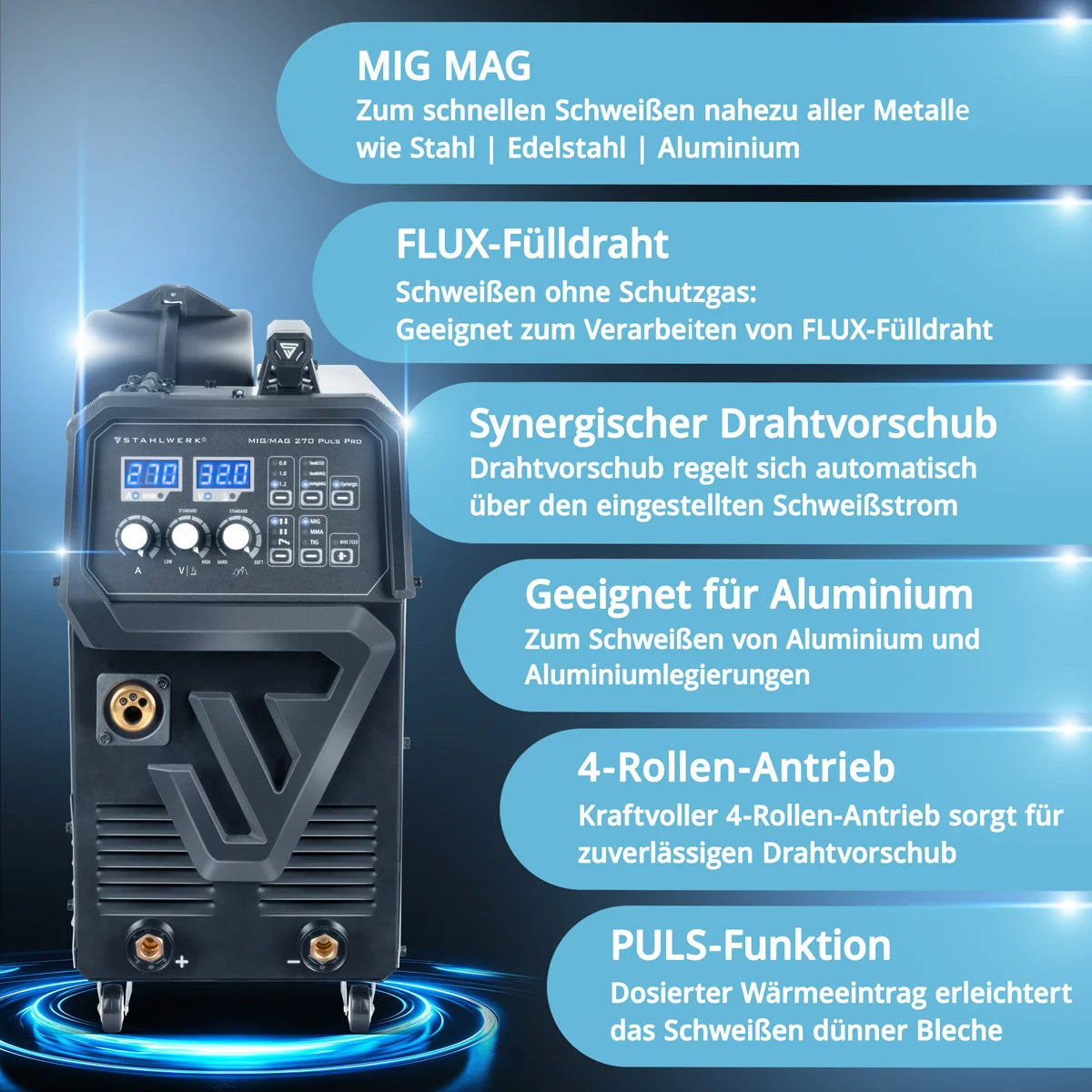 Steelworks welding machine MIG 270 pulse Pro | 4-in-1 protective gas welding device with pulse function, AK25/MB25 aluminum welding burner and wearing section set for aluminum welding | Inverter with 270 A, spot function, synergic wire feed, 4-roll drive