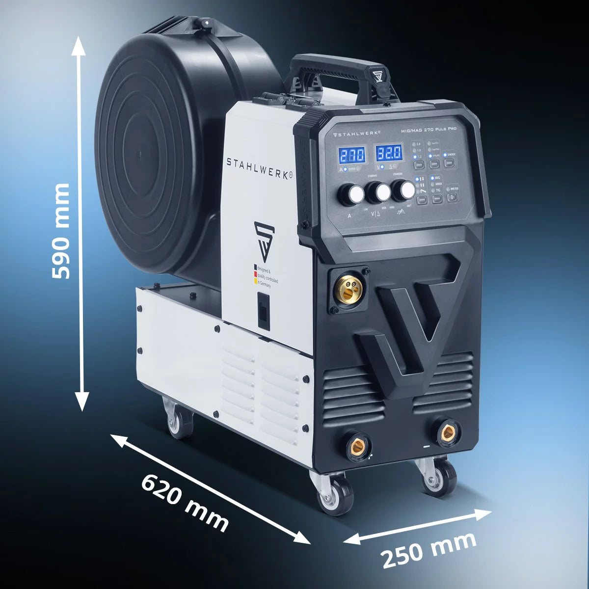 STAHLWERK Schweißgerät MIG 270 Puls Pro Vollausstattung | 4-in-1 Schutzgas-Schweißgerät mit Pulsfunktion | Inverter mit 270 A, Spot-Funktion, synergischem Drahtvorschub, 4-Rollen-Antrieb, FLUX, Lift TIG und MMA | ARC Funktion | Puls-Alu-Schweißfunktion