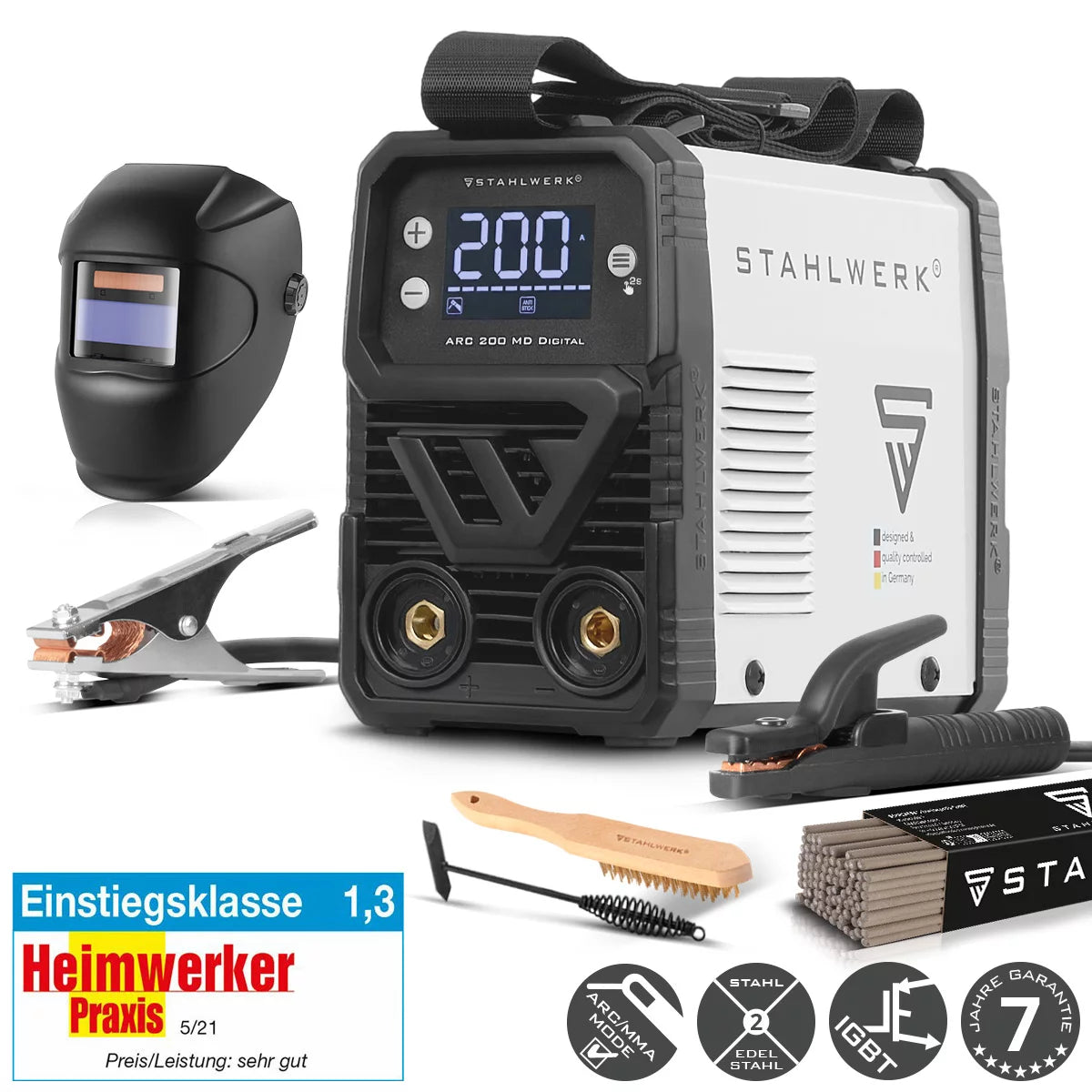 STAHLWERK ARC 200 MD Digital Elektroden-Schweißgerät DC Vollausstattung MMA / E-Hand, Lift-TIG | Echte 200 Ampere | Digital-Display mit Menü | Hotstart, Anti-Stick, ARC-Force, VRD | Smart-Kühlung | IGBT-Technologie