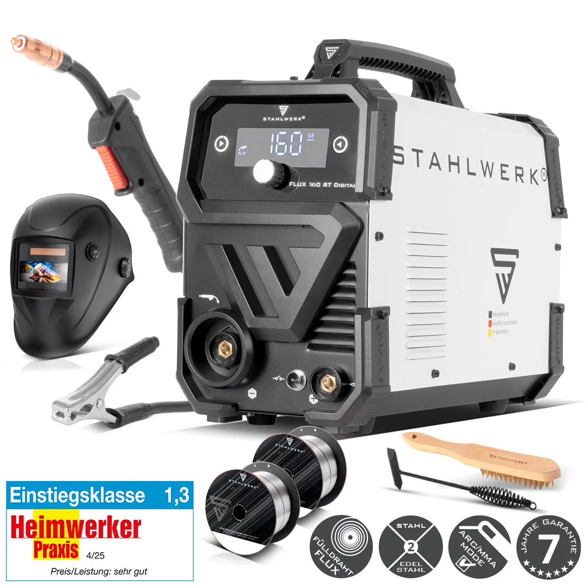 ماكينة لحام STAHLWERK FLUX 160 ST Digital مع 160 أمبير معدات كاملة وتغذية سلكية تآزرية ووظيفة رفع TIG وMMA للحام بدون غاز واقي