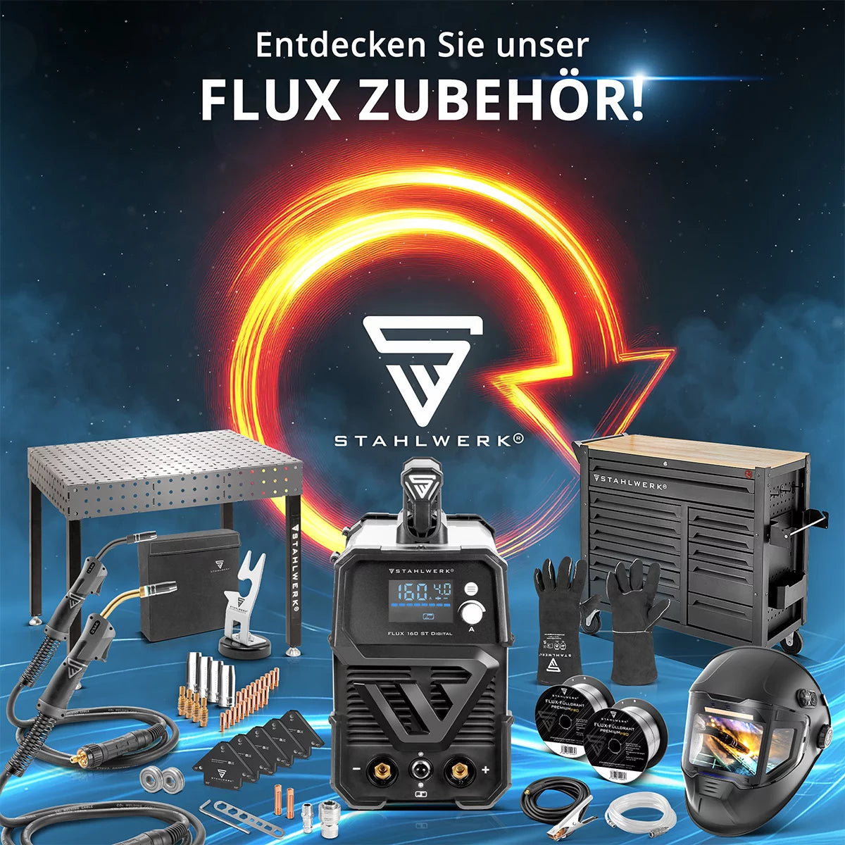 ماكينة لحام STAHLWERK FLUX 160 ST Digital مع 160 أمبير معدات كاملة وتغذية سلكية تآزرية ووظيفة رفع TIG وMMA للحام بدون غاز واقي