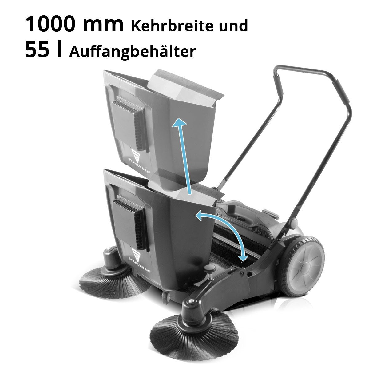 STAHLWERK Kehrmaschine SL-35 ST mit 1000 mm Kehrbreite und 55 l Fassungsvermögen, Handkehrmaschine / Bodenkehrmaschine mit doppeltem Bürstenkopf