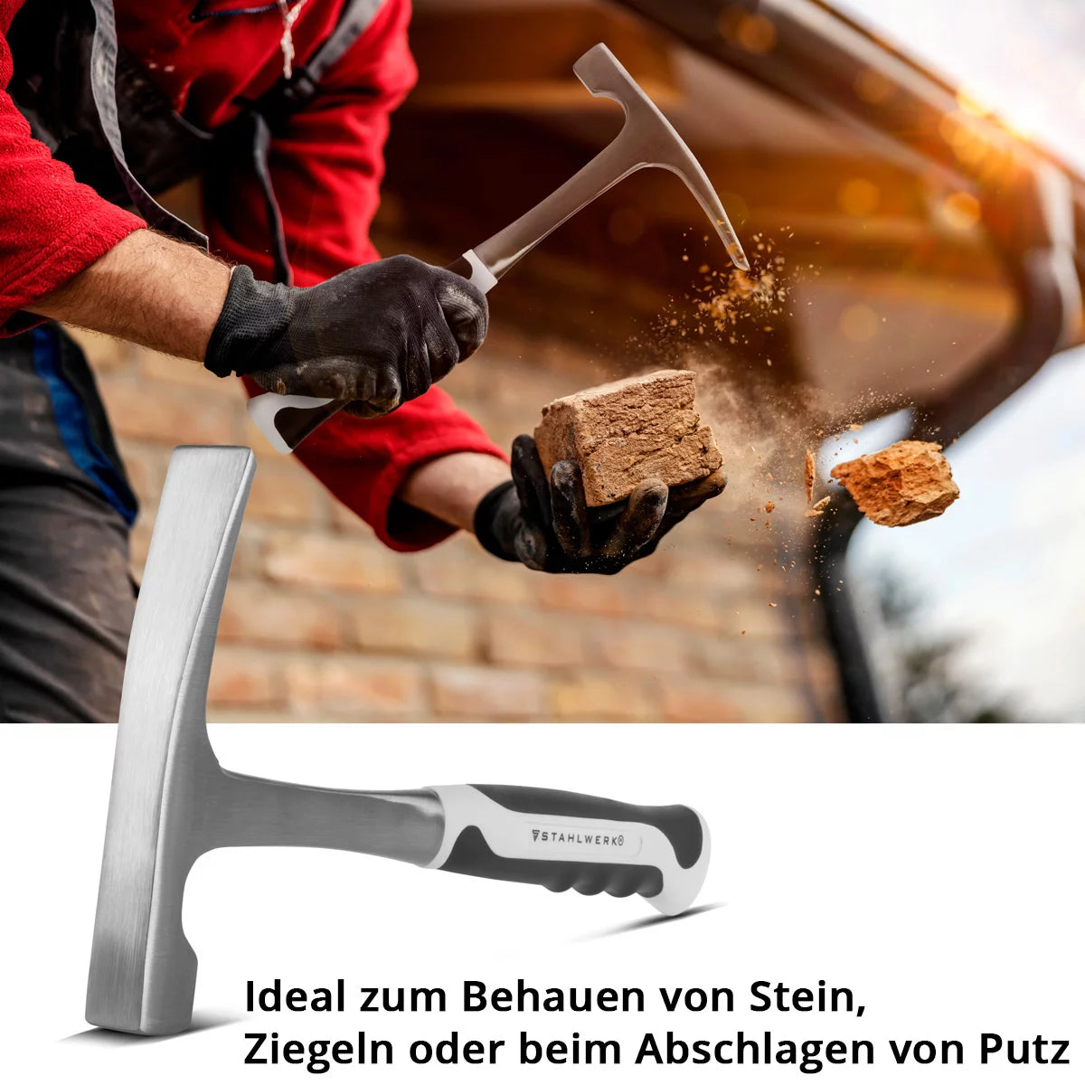 STAHLWERK Maurerhammer aus geschmiedetem Carbon-Stahl | hochwertiger Ziegelhammer mit bruchsicherem Fiberglas-Griff | Steinhammer mit Meißel zum Behauen von Ziegeln und Steinen