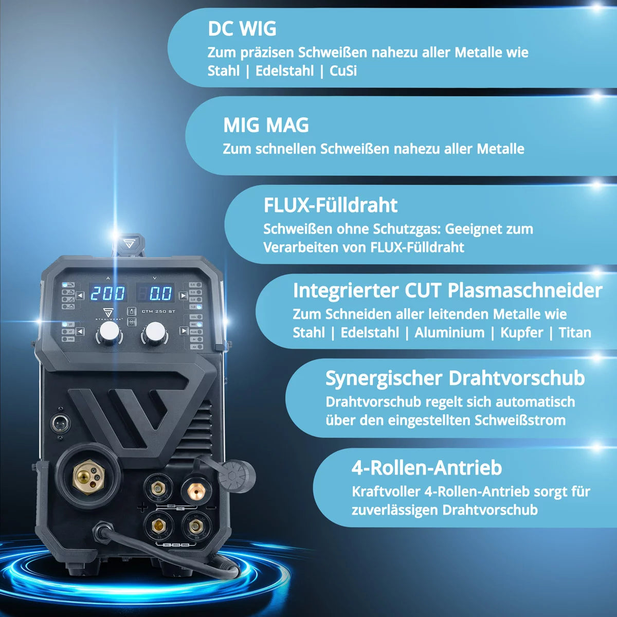 Poste à souder combiné STAHLWERK CTM-250 ST TIG + MIG/MAG + MMA/ARC + CUT/Plasma avec fonction plasma 200 A et 45 A