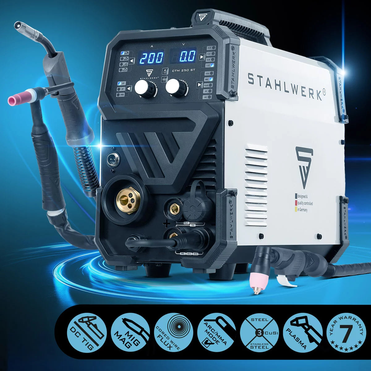 Poste à souder combiné STAHLWERK CTM-250 ST TIG + MIG/MAG + MMA/ARC + CUT/Plasma avec fonction plasma 200 A et 45 A