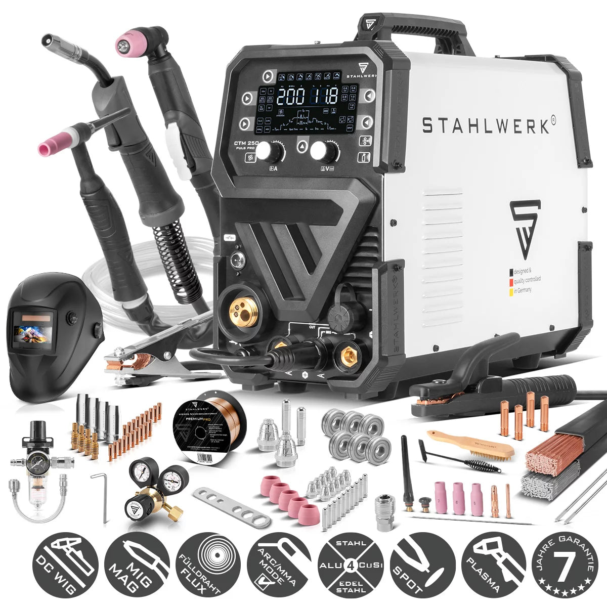 STAHLWERK Kombi-Schweißgerät CTM-250 Puls Pro 6-in-1 Schweißgerät mit 200 A | Vollausstattung | 45 A Plasmaschneider | Puls-Funktion | Synergischer Drahtvorschub | WIG | MIG MAG | PULS | MMA | FLUX