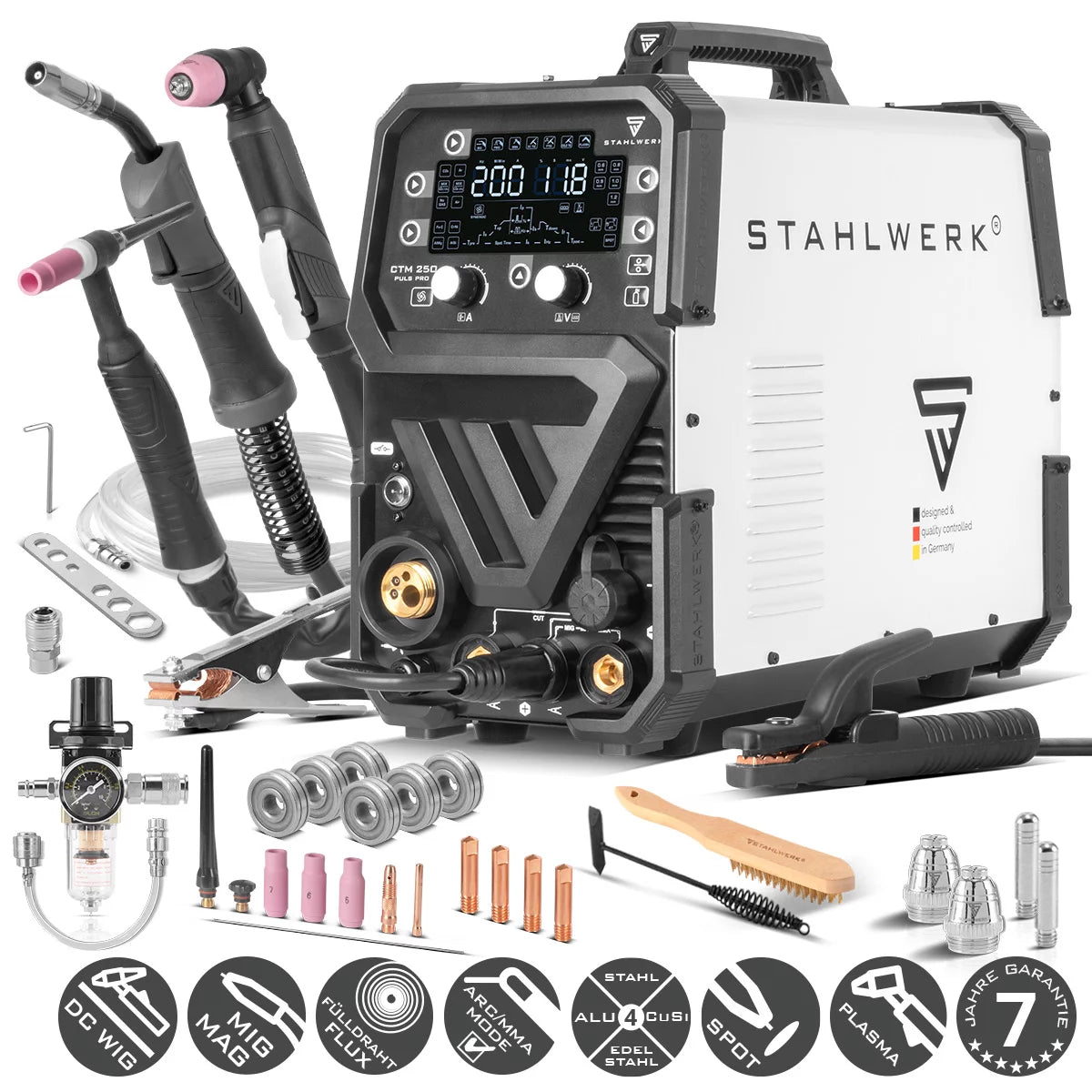 STAHLWERK combination welding machine CTM-250 Puls Pro 6-in-1 inert gas welding machine 200 A | Pulse function | Synergic wire feeder | Integrated 45 A plasma cutter CUT| TIG | MIG MAG | PULSE | MMA| FLUX