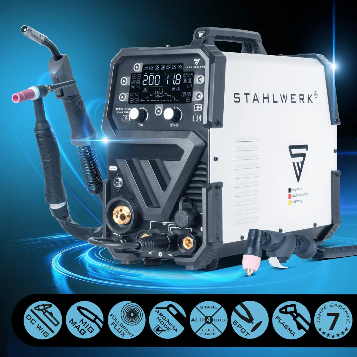 STAHLWERK Kombi-Schweißgerät CTM-250 Puls Pro 6-in-1 Schweißgerät mit 200 A | Vollausstattung | 45 A Plasmaschneider | Puls-Funktion | Synergischer Drahtvorschub | WIG | MIG MAG | PULS | MMA | FLUX