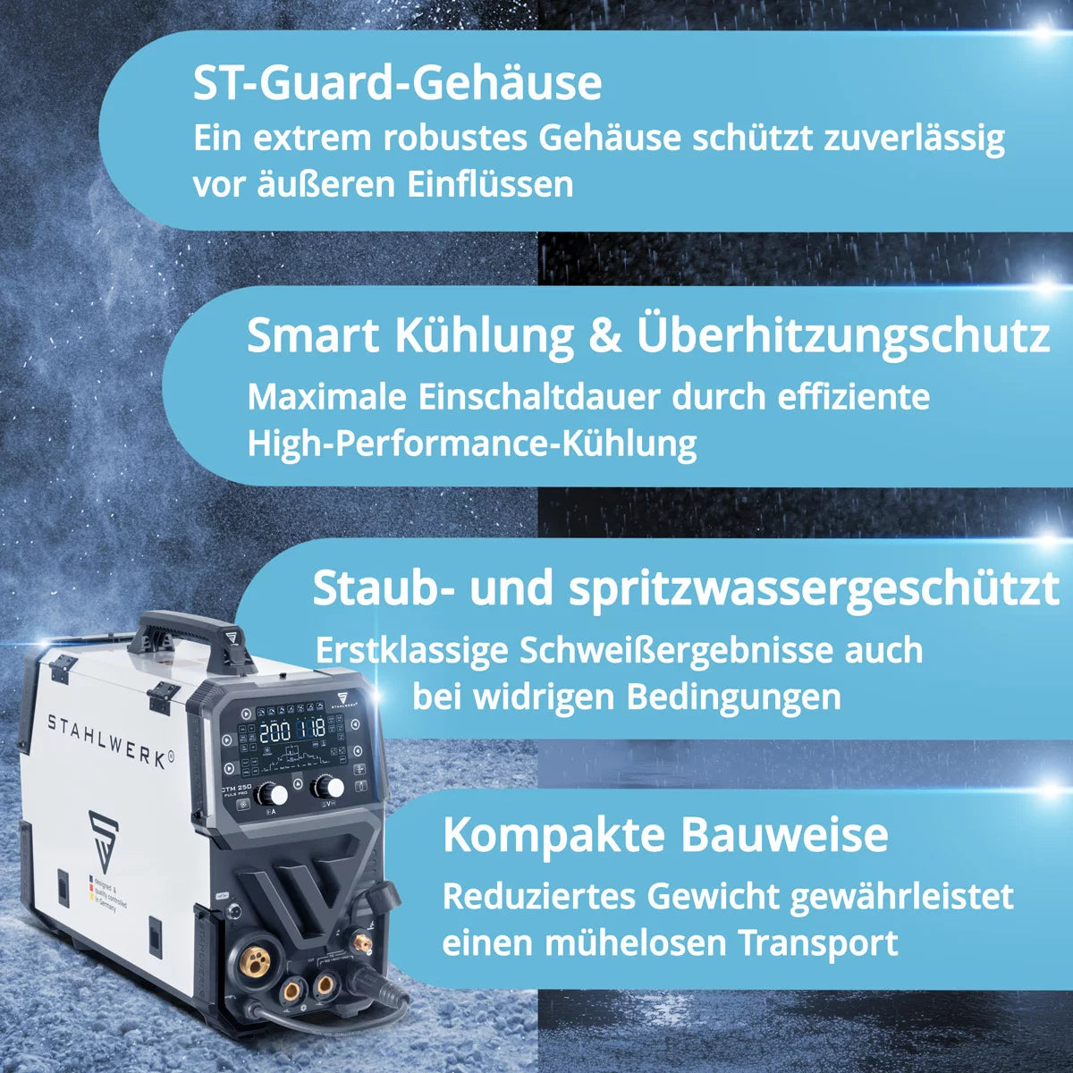 STAHLWERK Kombi-Schweißgerät CTM-250 Puls Pro 6-in-1 Schweißgerät mit 200 A | Vollausstattung | 45 A Plasmaschneider | Puls-Funktion | Synergischer Drahtvorschub | WIG | MIG MAG | PULS | MMA | FLUX