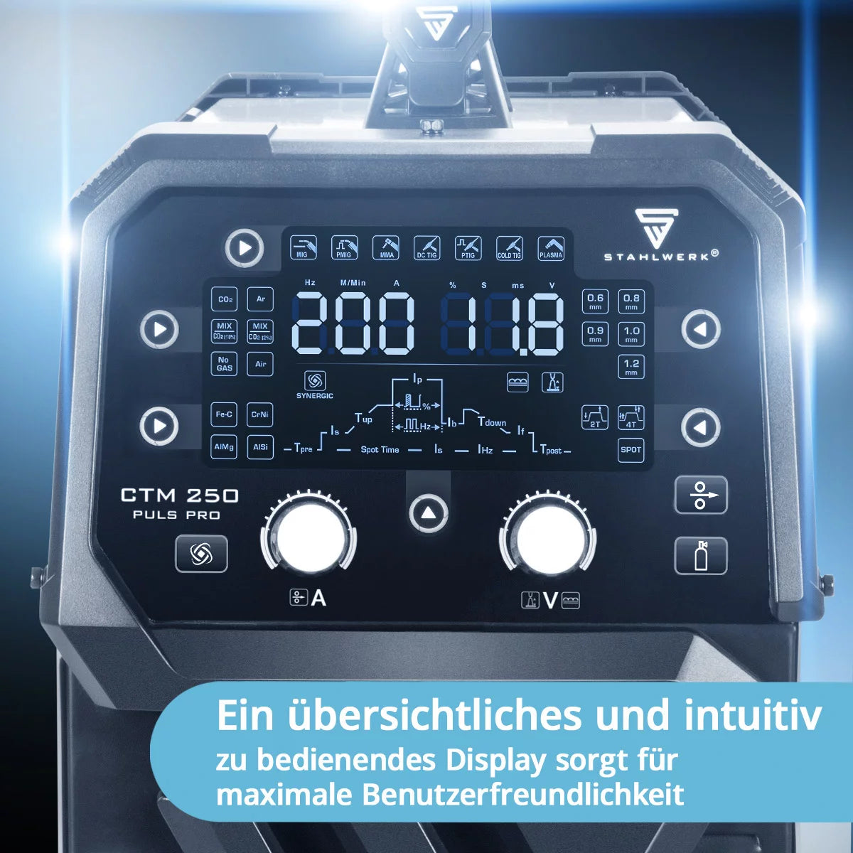 STAHLWERK Kombi-Schweißgerät CTM-250 Puls Pro 6-in-1 Schweißgerät mit 200 A | Vollausstattung | 45 A Plasmaschneider | Puls-Funktion | Synergischer Drahtvorschub | WIG | MIG MAG | PULS | MMA | FLUX