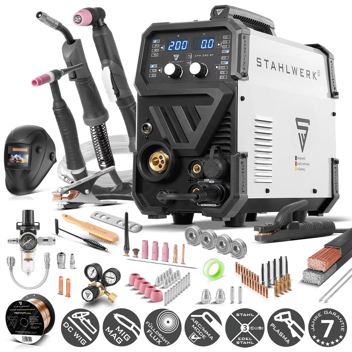 Soldadora combinada STAHLWERK CTM-250 ST totalmente equipada con función TIG + MIG/MAG + MMA/ARC + CUT/Plasma con 200 amperios y 45 amperios función plasma