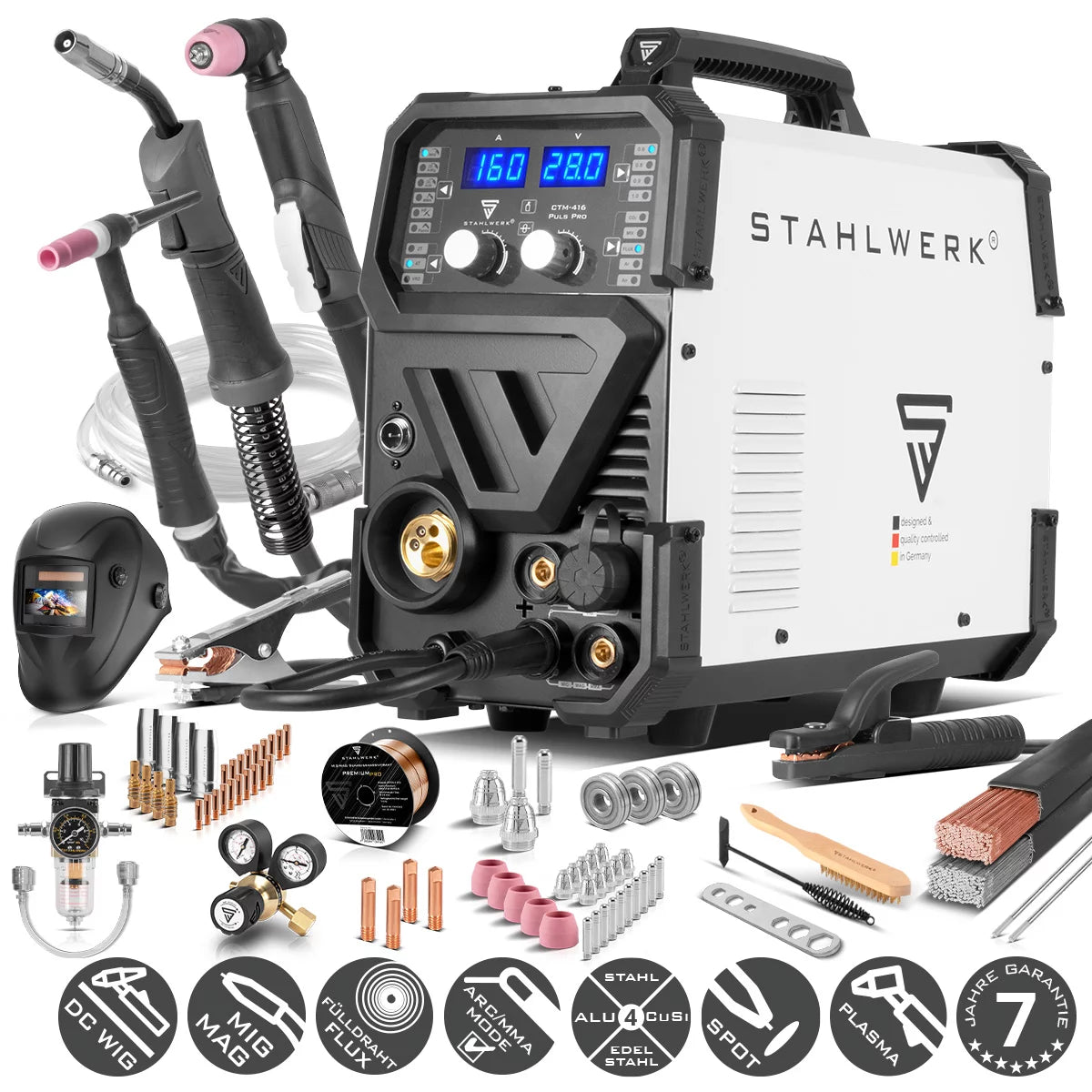 Soldadora STAHLWERK CTM-416 Puls Pro Soldadora de gas inerte 6 en 1 totalmente equipada | Inversor de 160 A con función de pulso para aluminio y cortador de plasma de 40 A CUT | TIG | MIGMAG | PULSO | MMA | FLUJO