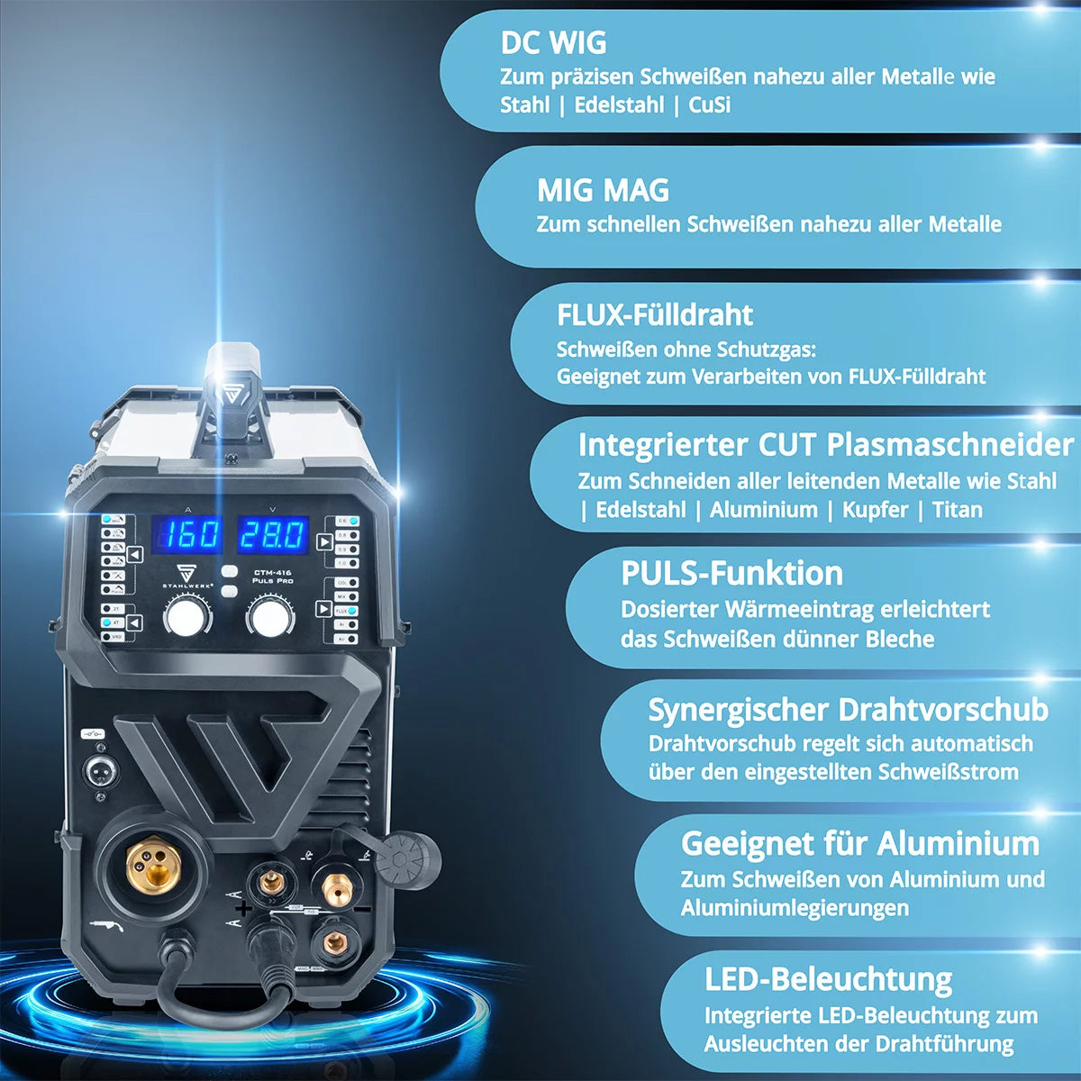 Soldadora STAHLWERK CTM-416 Puls Pro Soldadora de gas inerte 6 en 1 totalmente equipada | Inversor de 160 A con función de pulso para aluminio y cortador de plasma de 40 A CUT | TIG | MIGMAG | PULSO | MMA | FLUJO