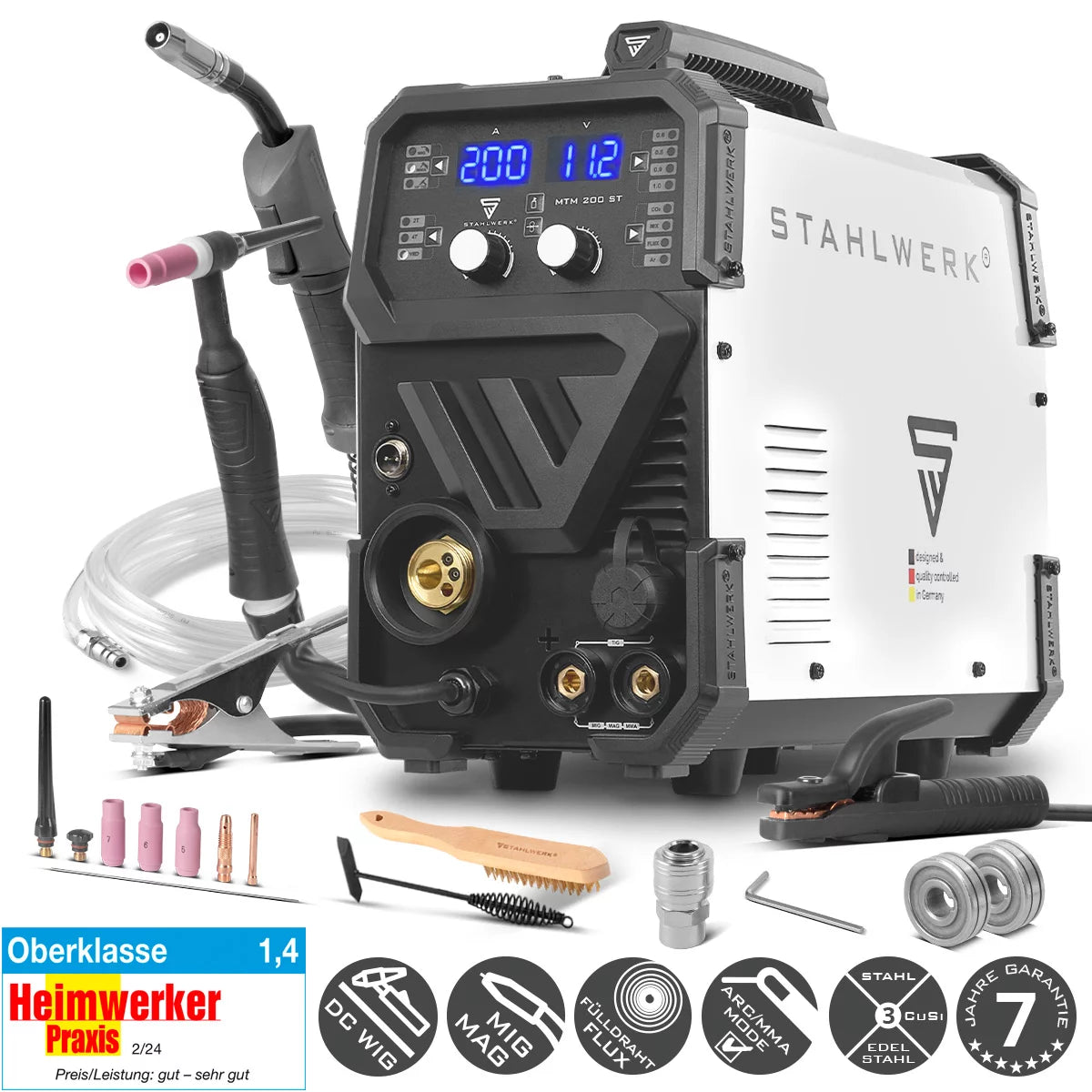 STAHLWERK MTM-200 ST ماكينة لحام بالغاز الخامل 3 في 1 | 200 عاكس مركب لحام TIG، MIG/MAG، MMA، FLUX، CuSi3 | اشتعال التردد العالي | مغذي الأسلاك التآزرية | VRD وHotstart | وضع 2 شوط / 4 شوط