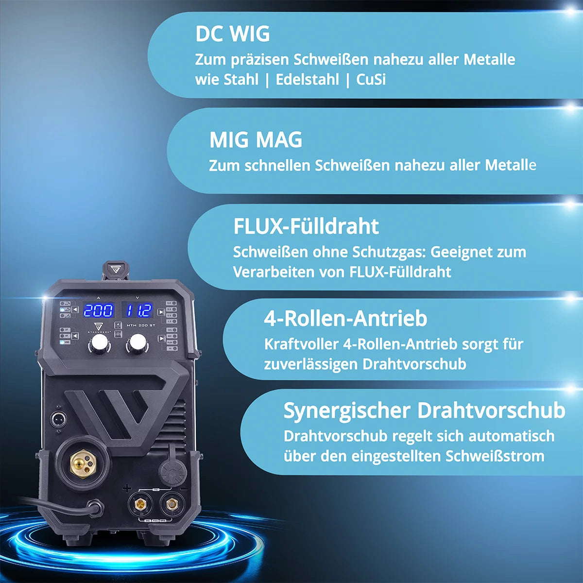 STAHLWERK MTM-200 ST ماكينة لحام بالغاز الخامل 3 في 1 | 200 عاكس مركب لحام TIG، MIG/MAG، MMA، FLUX، CuSi3 | اشتعال التردد العالي | مغذي الأسلاك التآزرية | VRD وHotstart | وضع 2 شوط / 4 شوط