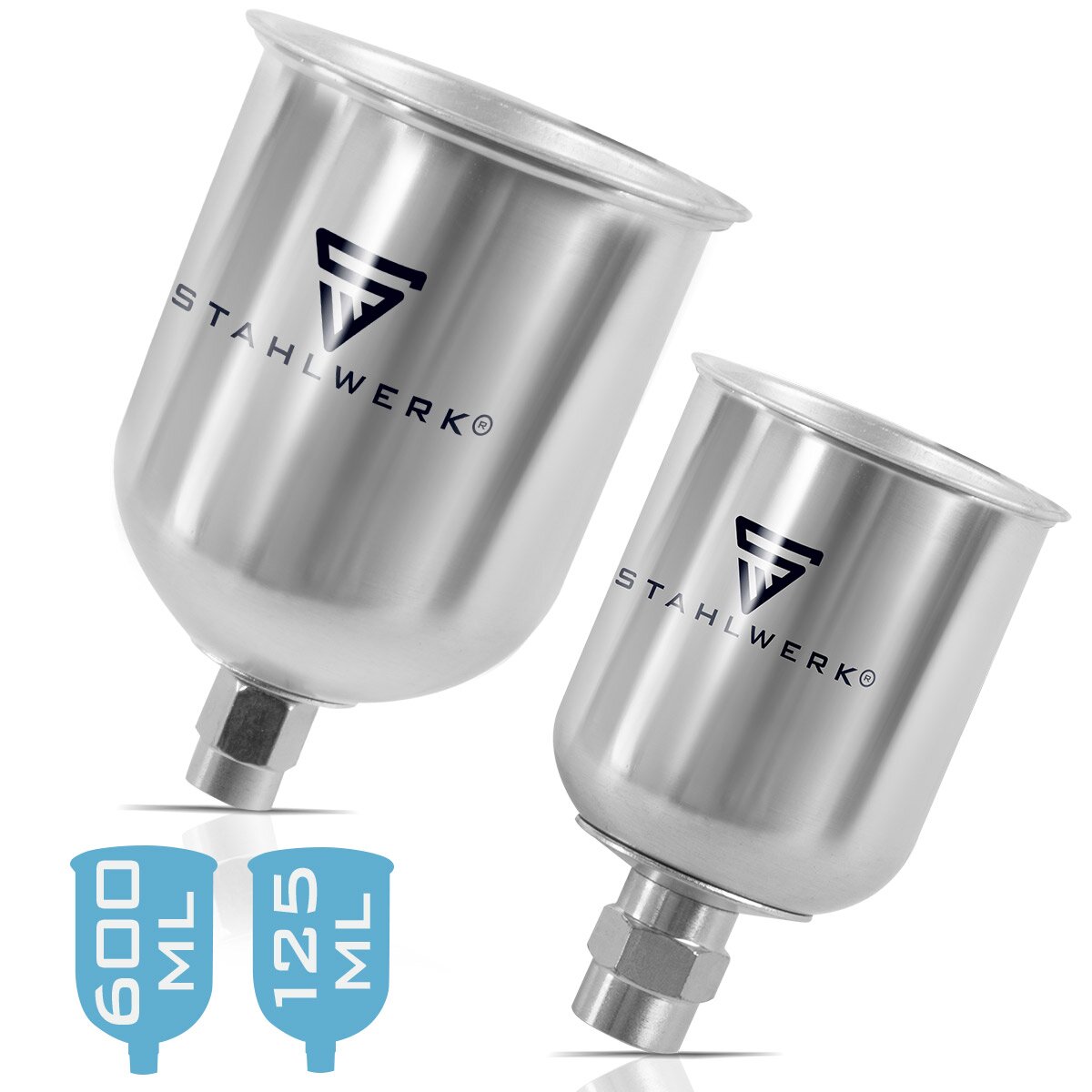 STAHLWERK Alu Lackbecher Set 125 ml / 600ml Farbbecher für Lackierpistole / Spritzpistole / Sprühpistole / Spraypistole