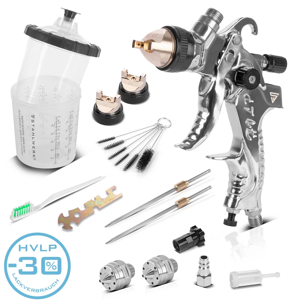 Stahlwerk Hvlp Picking Pistol SG-2550 ST con 1.4 | 1.7 | Set di ugelli da 2,0 mm e 650 ml di coppa di montaggio | Profi Spray Gun | Pistola a spruzzo | Pistola a spruzzo