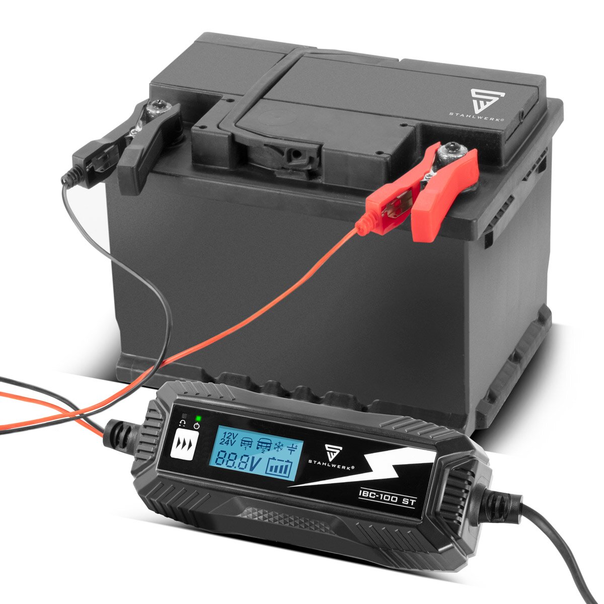 Caricatore della batteria in acciaio IBC-100 ST con microprocessore e 10 ladEdii per 12 V/24 V AGM, VRLA, MF, SLA e Gel Batterie | Caricatore intelligente per auto e moto