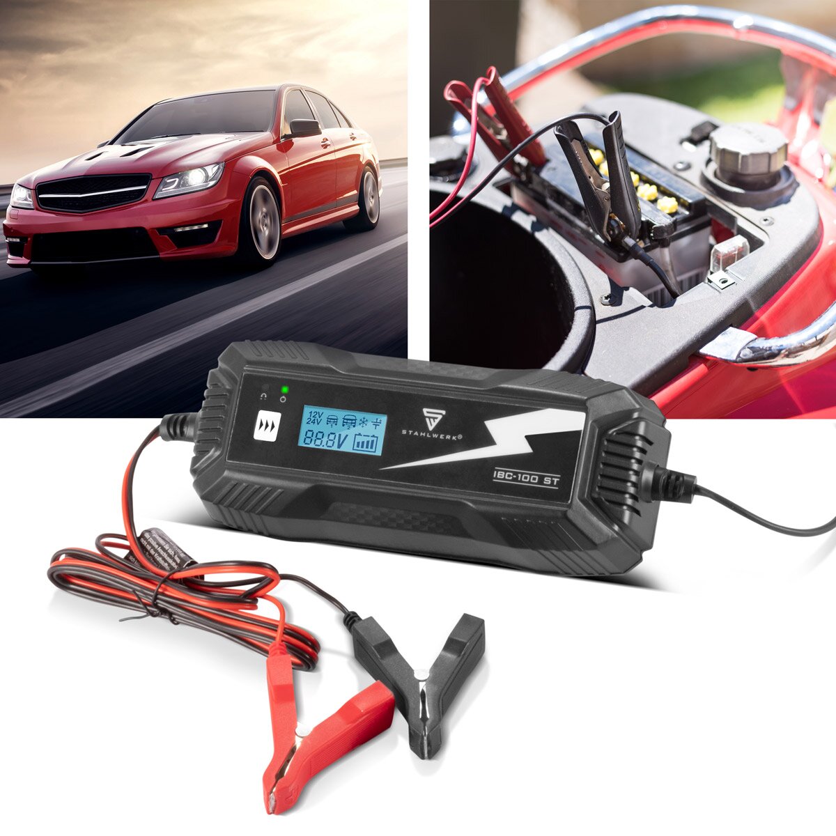 Caricatore della batteria in acciaio IBC-100 ST con microprocessore e 10 ladEdii per 12 V/24 V AGM, VRLA, MF, SLA e Gel Batterie | Caricatore intelligente per auto e moto