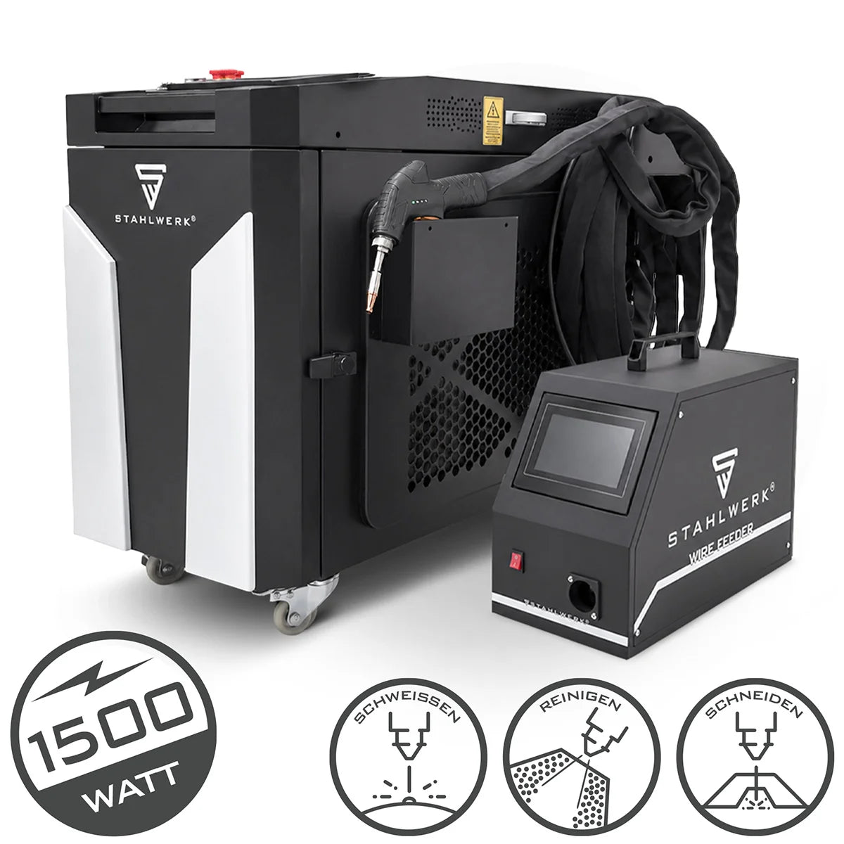 STAHLWERK Laser-Schweißgerät WCD 1500 Laser Pro mit 1500 W | 3-in-1-Laser-Schweißanlage zum Schweißen, Schneiden und Reinigen | Handgeführtes Schweißsystem mit CW-Faserlaser | Laserklasse 4 | 230 V