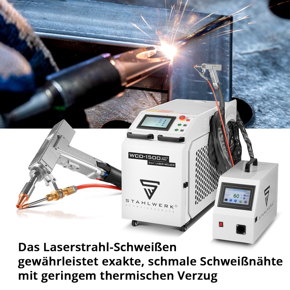 STAHLWERK 3-in-1 Laser-Schweissgerät WCD-1500 Laser Pro mit 1500 Watt, professionelle Handlaser-Schweißanlage zum präzisen Schweißen, Schneiden und Entrosten