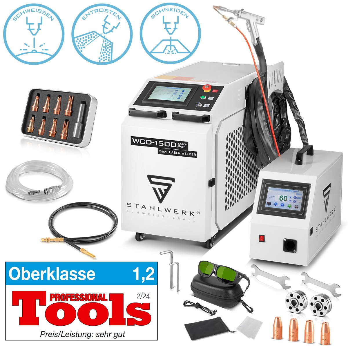 STAHLWERK 3-in-1 Laser-Schweissgerät WCD-1500 Laser Pro mit 1500 Watt, professionelle Handlaser-Schweißanlage zum präzisen Schweißen, Schneiden und Entrosten