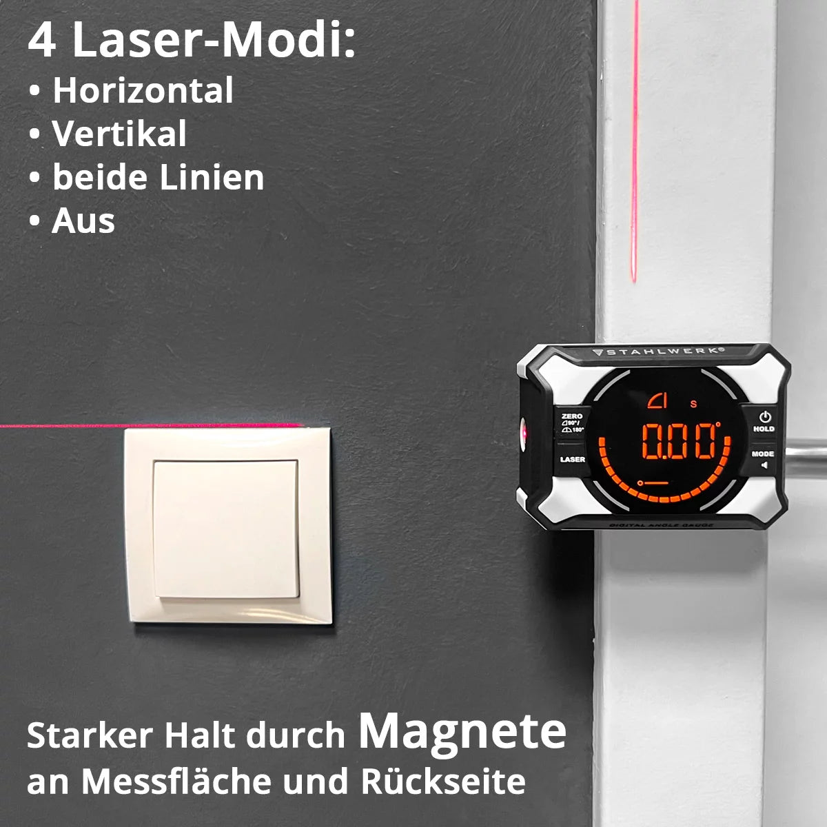 STAHLWERK digital laser angle measuring device DAG-360 ST | Digital protractor and spirit level with cross line laser Level Box | Level indicator | Magnetic attachment | Li-ion battery | USB-C charging port