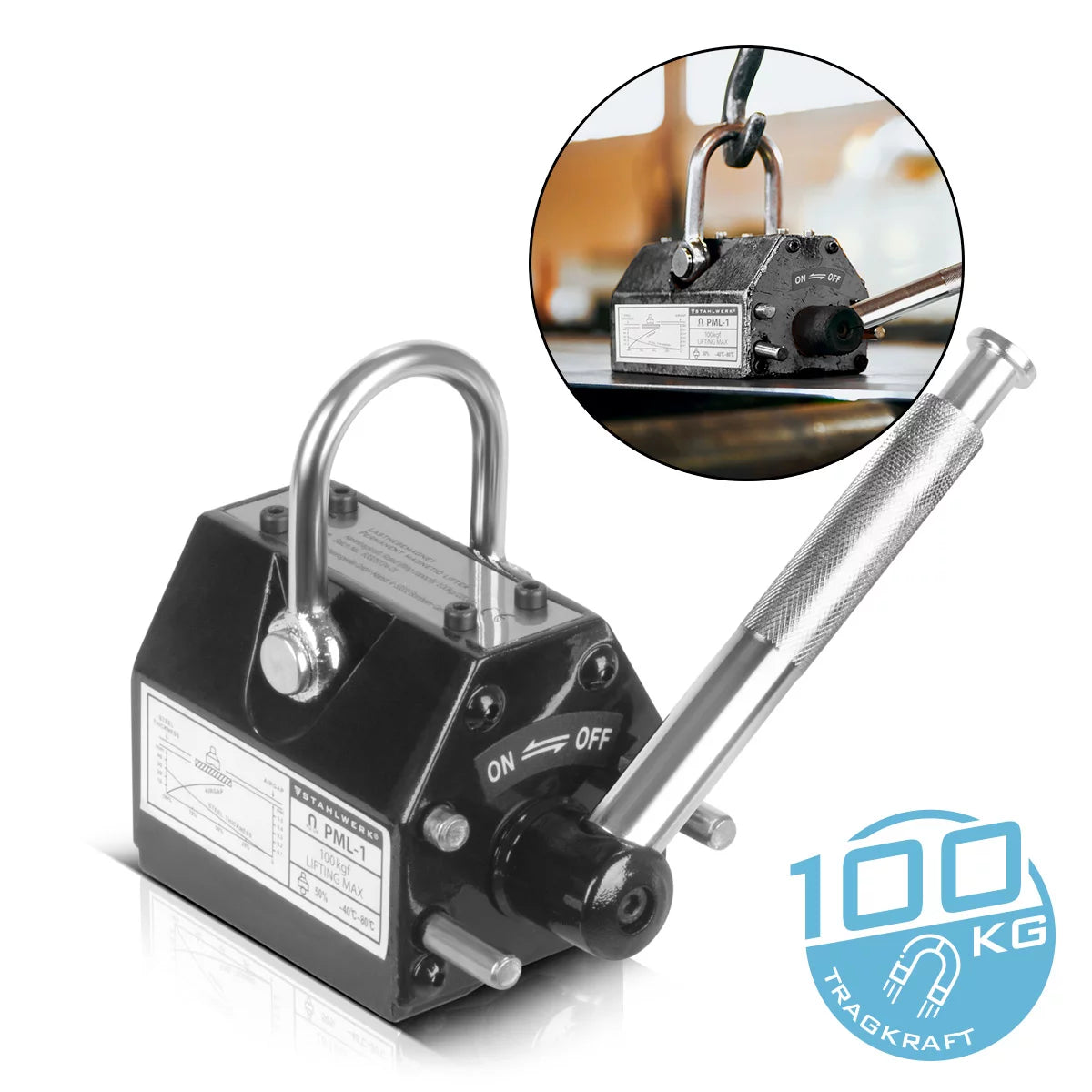 Steelwork Lasting magnet with 100 kg / 220 LBS load capacity and 350 kg / 771 LBS tract force hand -controlled crane magnet | Magnetlifter | Hebemagnet