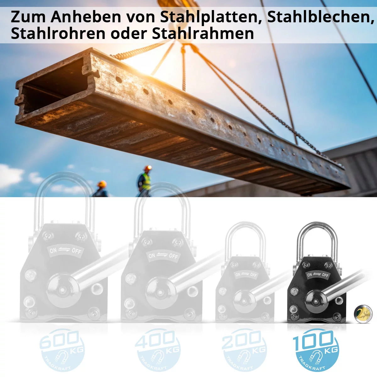 Steelwork Lasting magnet with 100 kg / 220 LBS load capacity and 350 kg / 771 LBS tract force hand -controlled crane magnet | Magnetlifter | Hebemagnet