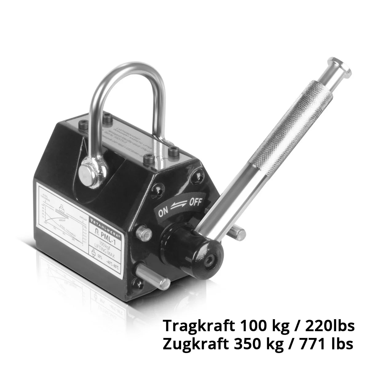 Steelwork Lasting magnet with 100 kg / 220 LBS load capacity and 350 kg / 771 LBS tract force hand -controlled crane magnet | Magnetlifter | Hebemagnet
