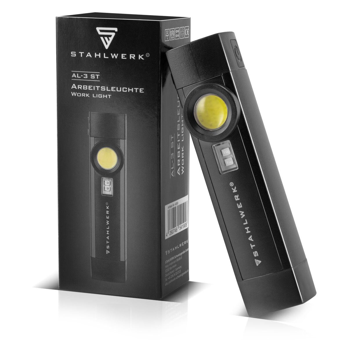 Lámpara de trabajo LED de acero AL-3 ST potente lámpara de linterna / taller de 5 vatios con 4 modos de luz que incluyen luz UV, batería integrada, imán y conexión USB