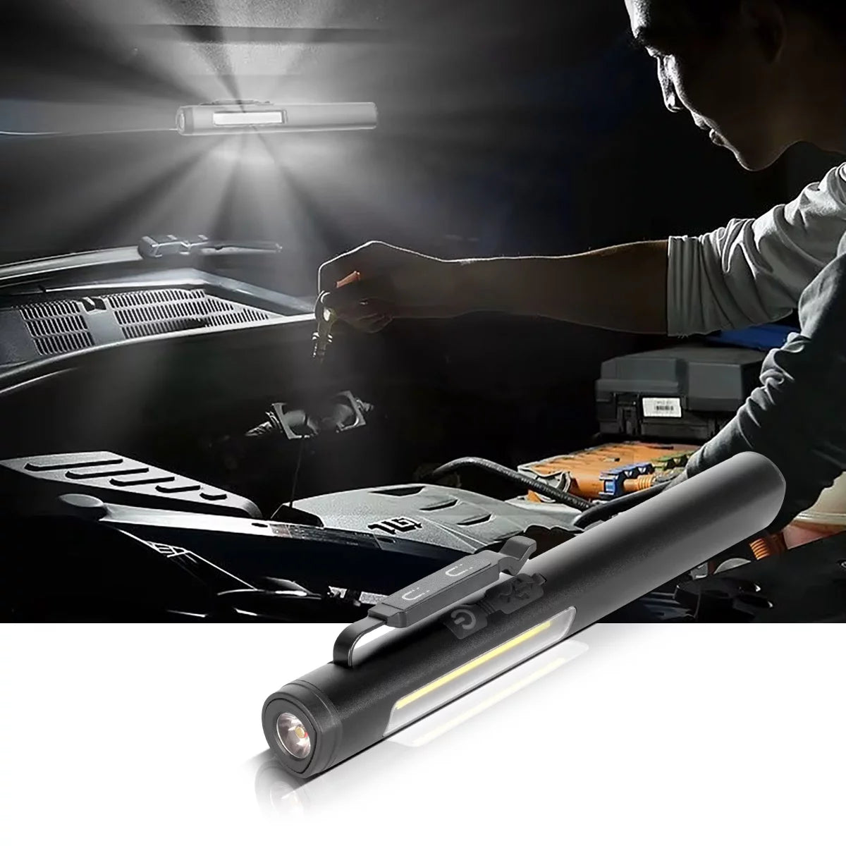 Luz de trabajo LED de Steelworks | Potente lámpara estable con linterna COB | Lámpara de taller con soporte magnético | Conexión USB-C | Batería de 600 mAh | Rápidamente recargable | Lámpara LED universalmente utilizable