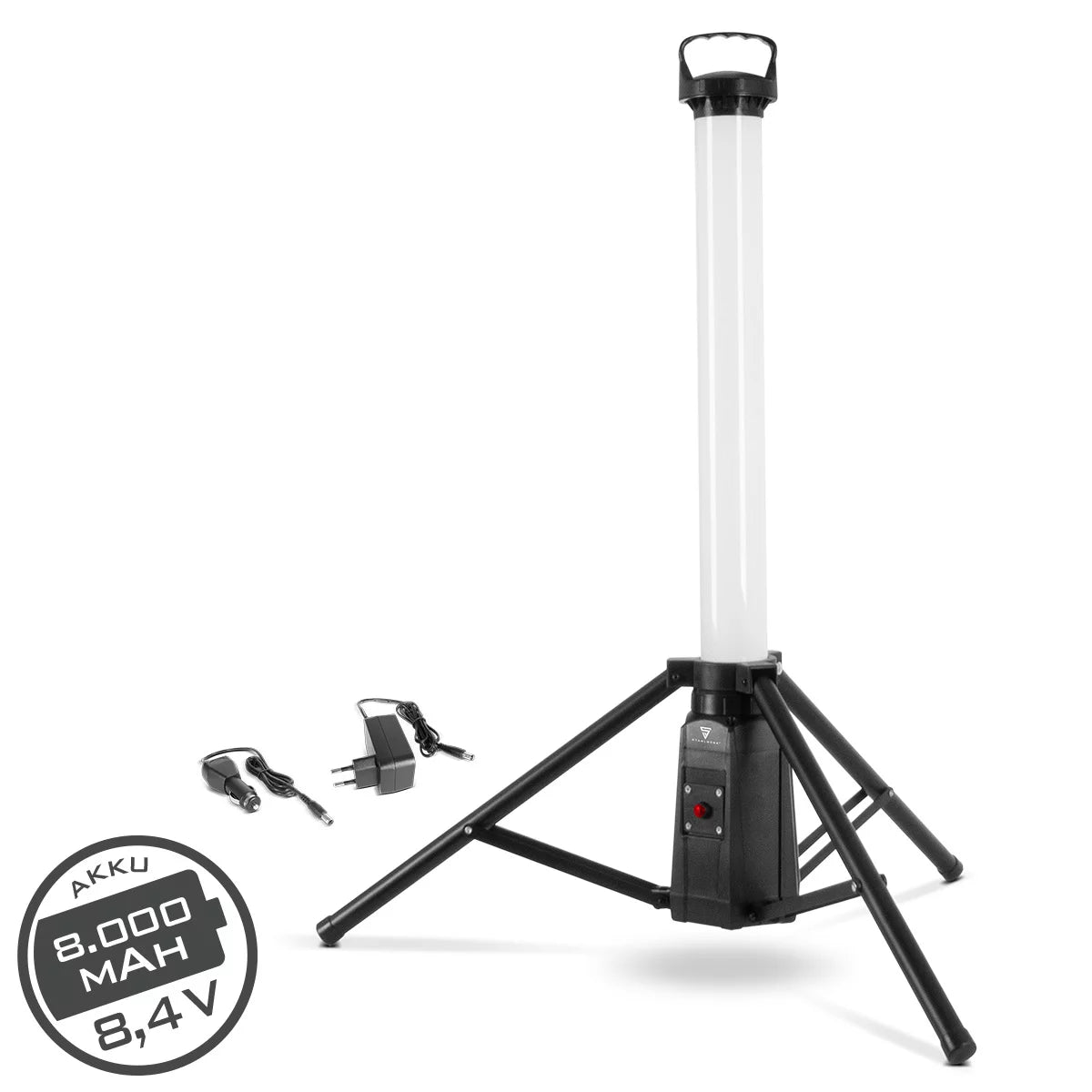 STAHLWERK Foco LED de construcción en torre 360° TBS-30 ST | 30 vatios | 2.400 lúmenes | Color de luz diurna de 6.500 K | Batería de iones de litio 7,4 V / 8000 mAh | IP44 | Luz de trabajo inalámbrica