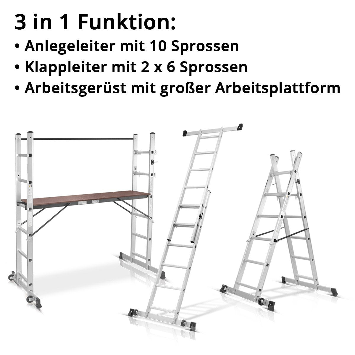 STAHLWERK Leitergerüst LG-270 ST 150 kg Tragkraft, 3 in 1 Mehrzweckleiter / Aluminium Klappleiter / Arbeitsgerüst / Arbeitsplattform / Gerüst mit rutschfesten Sprossen inklusive 7 Jahre Hersteller-Garantie