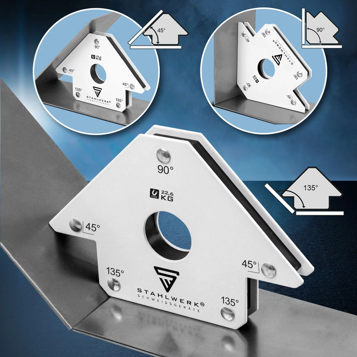 STAHLWERK 2 × angle de soudage magnétique aimant de soudage d'angle magnétique 45° x 90° x 135°, 22,6 kg / 50 lbs