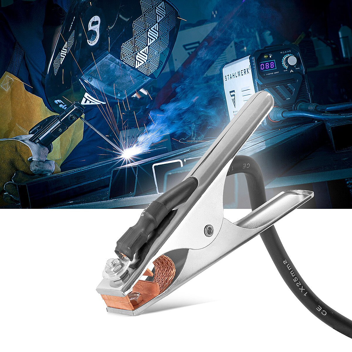 Alicates de masa de Steelworks hasta 300 por masa cleme | Cerrar el equipo que incluye un cable de soldadura de 5 m | Cable de masa con enchufe de 25 mm² y 9 mm