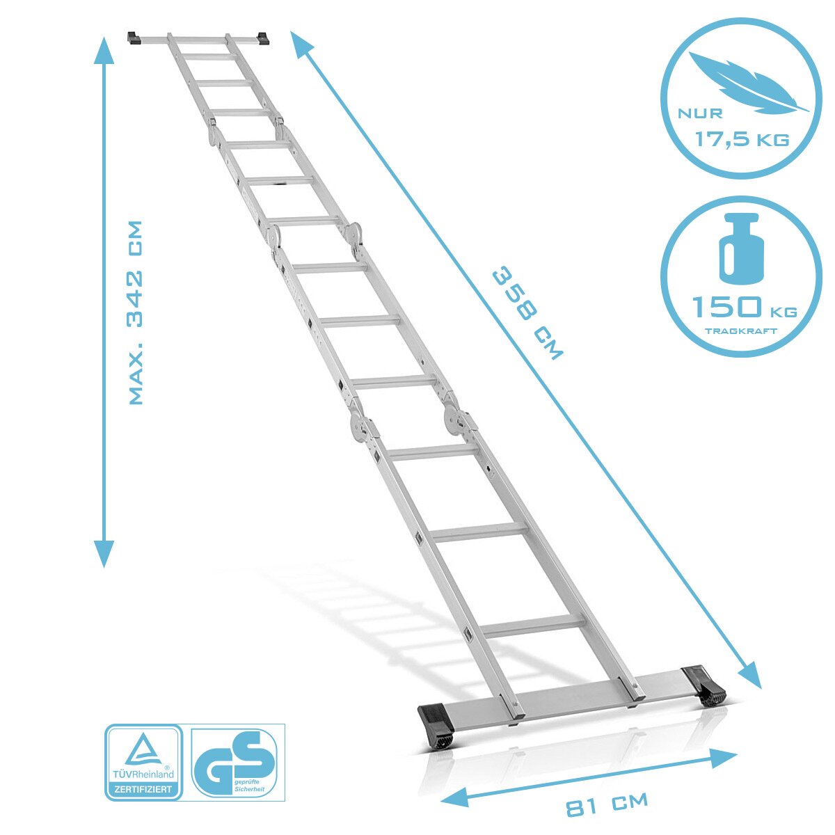 Steelworks Manager polyvalent ML-356 ST 150 kg Capacité de charge, 3 en 1 Échelle échafaudage / conducteur de pliage en aluminium / plate-forme d'échafaudage / échafaudage avec germes non glissants, y compris 7 ans de garantie du fabricant