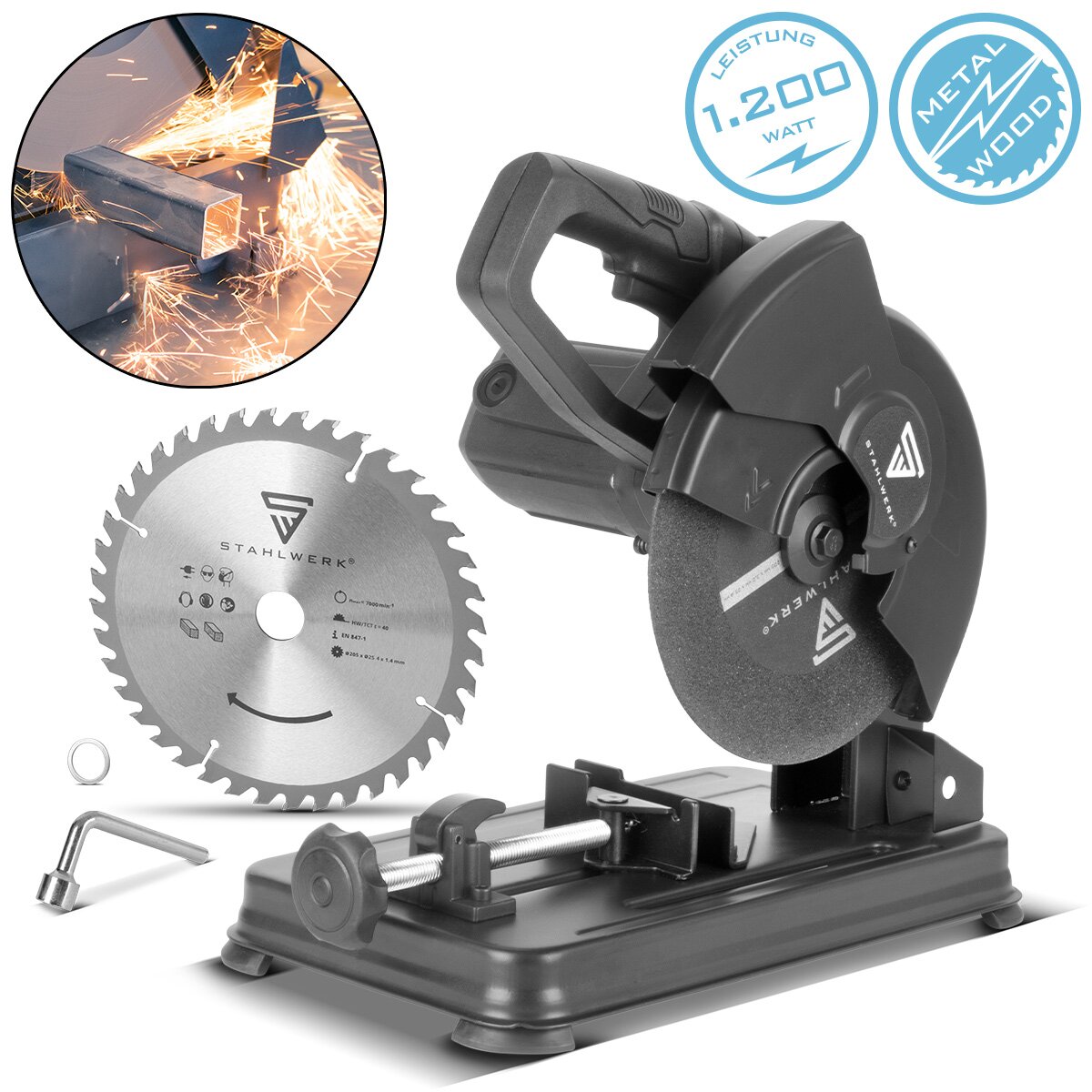 STAHLWERK Metall-Trennsäge MT-205 ST Kappsäge | Gehrungssäge | Metallsäge mit 1.200 W und 5.000 U/min zum professionellen Schneiden von Stahl, NE-Metallen, Eisen- und Guss-Profilen