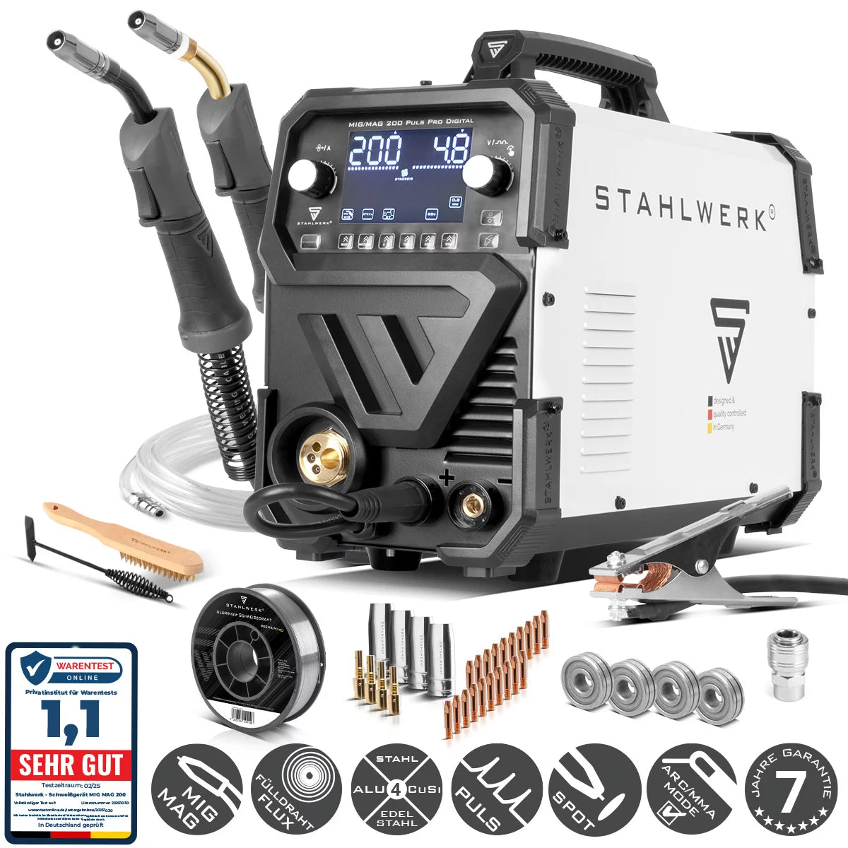 STAHLWERK MIG MAG 200 Spot Puls Pro Set digitale in alluminio | Saldatrice a gas inerte | Convertitore IGBT 200 A| Trainafilo sinergico | Azionamento a 4 rulli, FLUX, Lift-TIG, MMA, CuSi, MIG-Pulse per alluminio