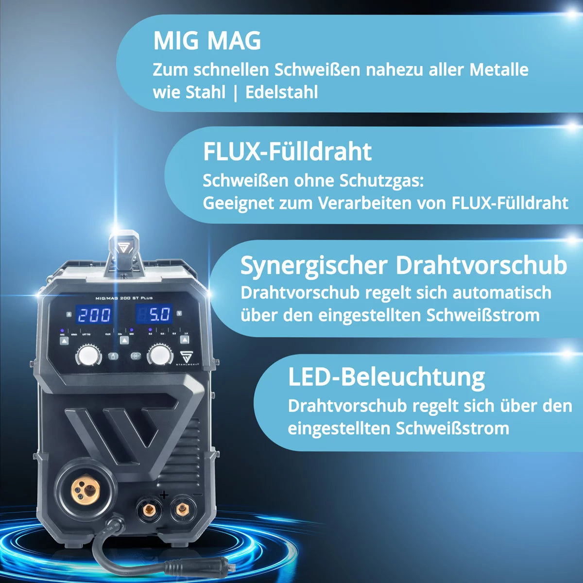 STAHLWERK Schweißgerät MIG MAG 200 ST PLUS Vollausstattung Schutzgas-Schweißgerät | IGBT Inverter mit 200 A, synergischem Drahtvorschub, FLUX-, Lift-TIG- und MMA | ARC-Funktion