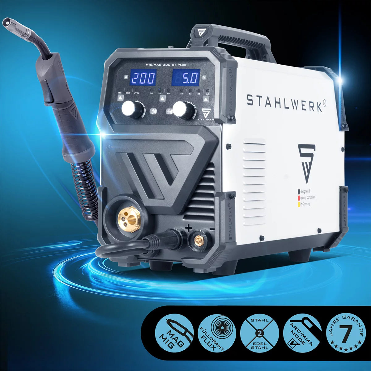 STAHLWERK Schweißgerät MIG MAG 200 ST PLUS Vollausstattung Schutzgas-Schweißgerät | IGBT Inverter mit 200 A, synergischem Drahtvorschub, FLUX-, Lift-TIG- und MMA | ARC-Funktion