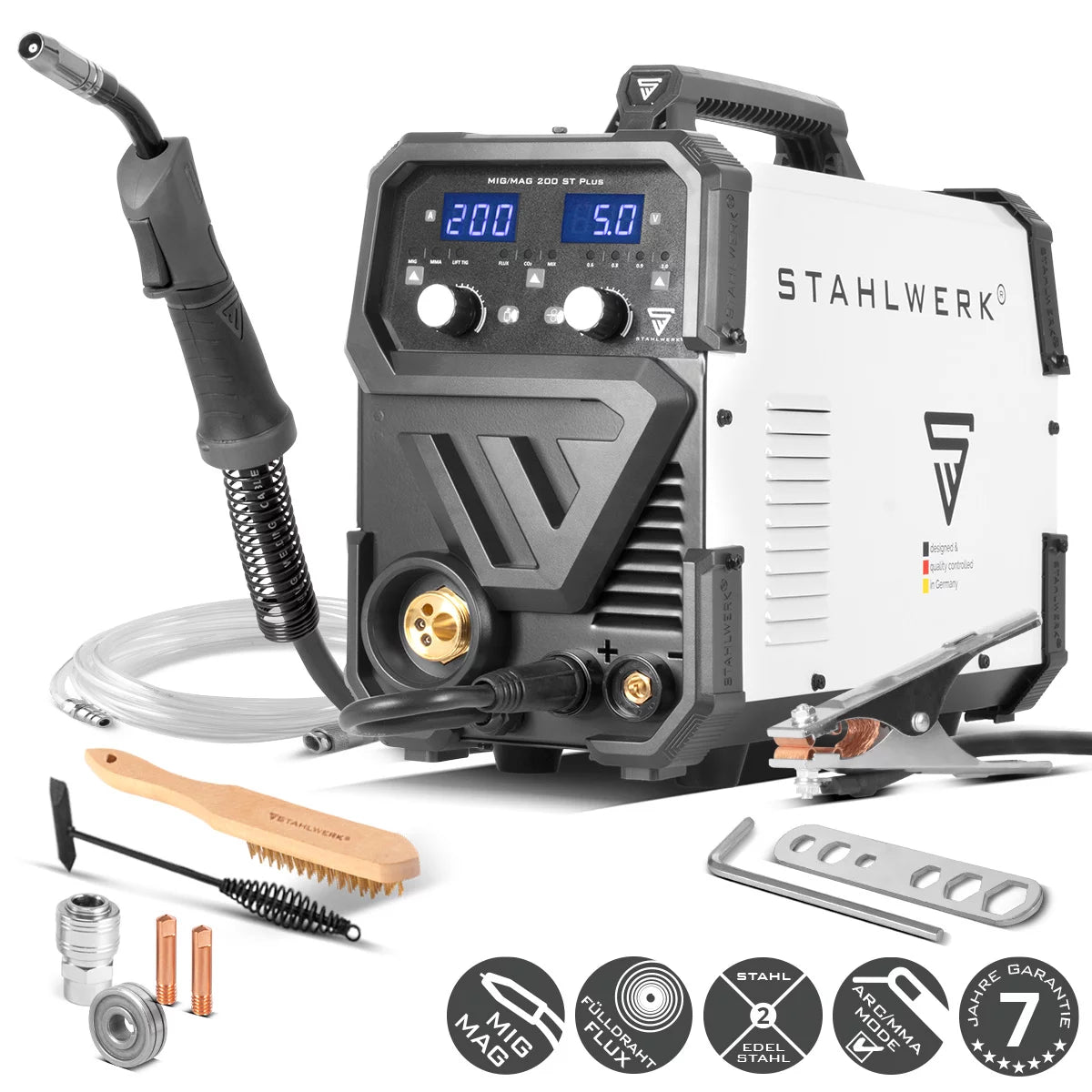 Stahlwerk welding machine MIG MAG 200 ST plus protective gas welding equipment | IGBT Inverter with 200 A, synergic wire feed, flux, lift-tig and MMA | ARC function