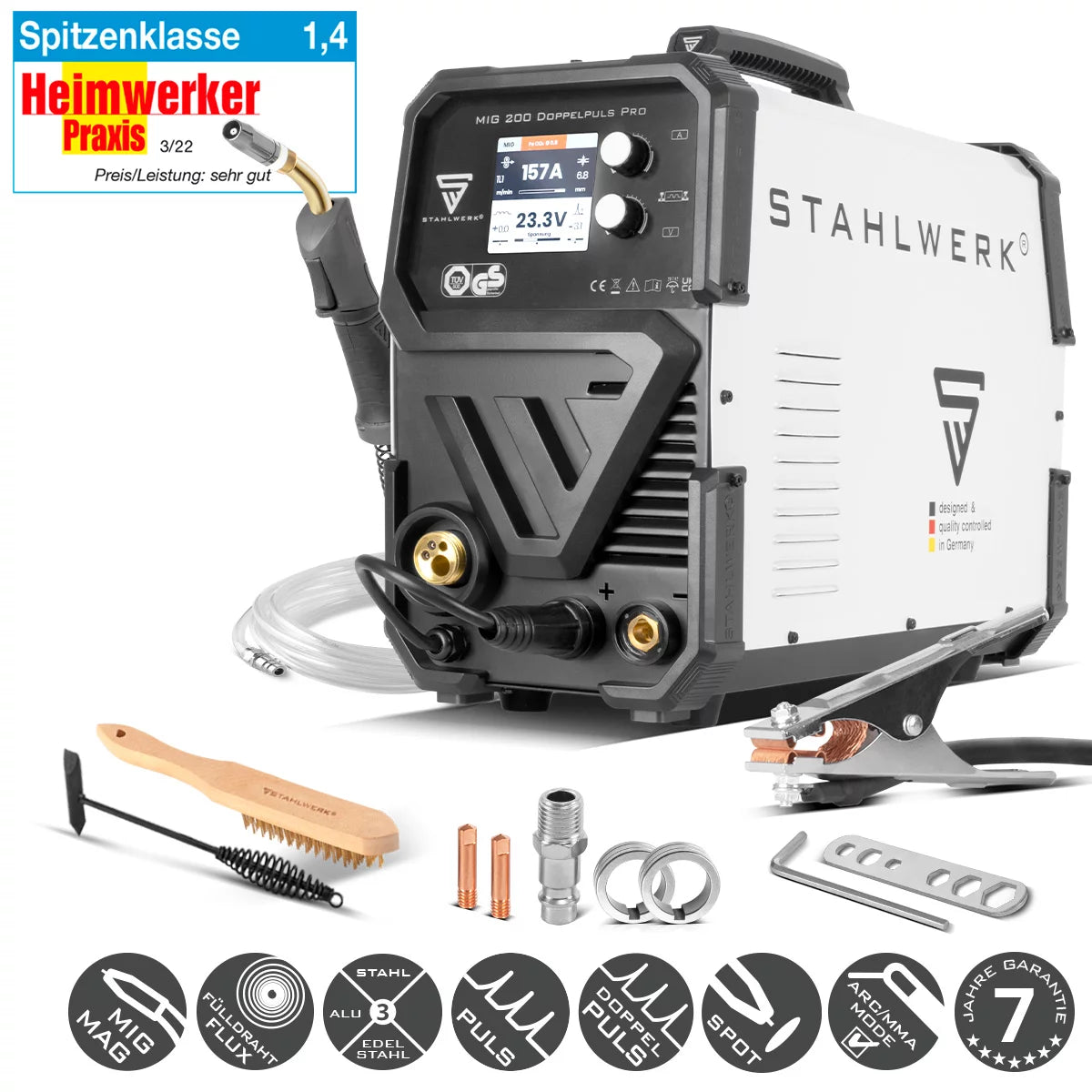 ماكينة لحام STAHLWERK MIG MAG 200 مزدوجة النبض Pro مع 200 أمبير وشعلة لحام AK25/MB25، فولاذ، فولاذ مقاوم للصدأ، ألومنيوم، سلك محفور