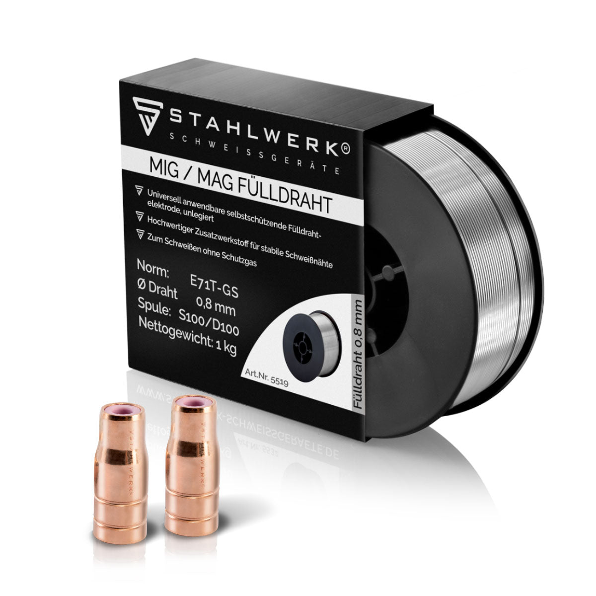 STAHLWERK Veschleißteile Set aus Fülldrahtdüse 2er Pack + Fülldraht 1 kg 0,8 mm