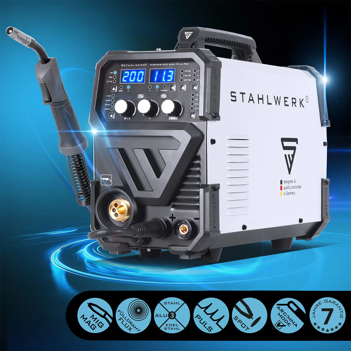 آلة لحام STAHLWERK MIG MAG 200 Spot Puls Pro، عاكس IGBT متآزر بالكامل، جهاز مركب 5 في 1 مع وظيفة بقعة و200 أمبير، ألومنيوم | سلك محفور | ميغ ماج | آرك مجلس العمل المتحد | ارفع TIG | نبض