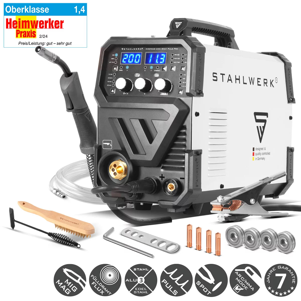 آلة لحام STAHLWERK MIG MAG 200 Spot Puls Pro، عاكس IGBT متآزر بالكامل، جهاز مركب 5 في 1 مع وظيفة بقعة و200 أمبير، ألومنيوم | سلك محفور | ميغ ماج | آرك مجلس العمل المتحد | ارفع TIG | نبض
