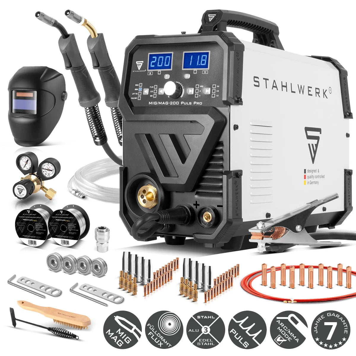 STAHLWERK MIG MAG 200 Puls Pro Schutzgas Schweißgerät Vollausstattung Vollsynergisches 5 in 1 Kombigerät mit echten 200 Ampere AK25/MB25 Alu-Verschleißteile-Set für Aluminium-Schweißen