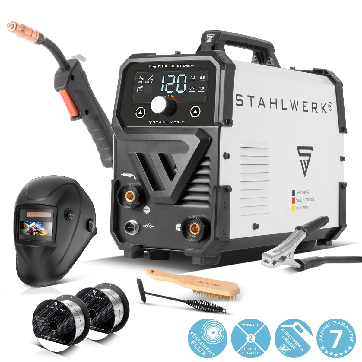 Steelworks welding machine Mini Flux 120 ST Digital with 120 A full equipment, synergic wire feed, lift-tig and ARC/MMA function for welding without protective gas