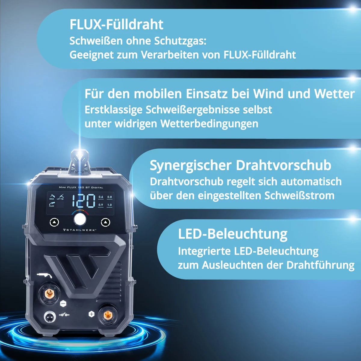 Steelworks welding machine Mini Flux 120 ST Digital with 120 A full equipment, synergic wire feed, lift-tig and ARC/MMA function for welding without protective gas